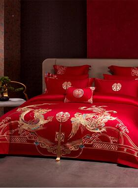 十新中式结四龙凤刺绣件套全棉长绒棉婚庆婚件套喜嫁大红色DCI六