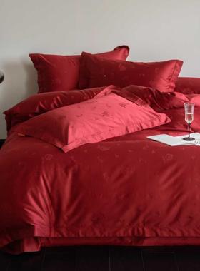 中床式婚庆高IEM红色床上用品档结长绒棉提花四婚件套纯棉单被套