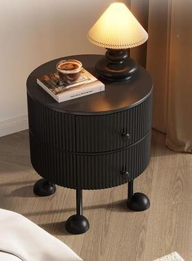 法式LNC轻主奢感形卧小型床头家用卧室创意中古黑色圆柜小床边柜