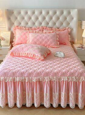 冬季加厚水风晶床裙三件套公主夹秋棉OUX宝宝绒床罩防绒滑床垫套