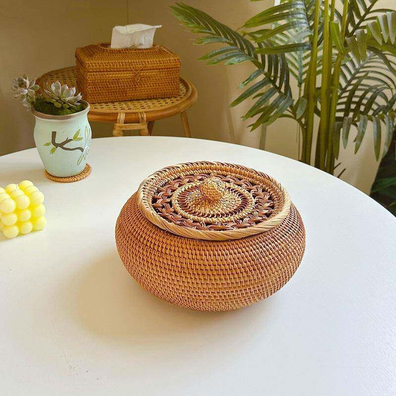 越南秋藤编普洱茶沱茶散茶茶叶罐镂空圆形零食储存收纳盒储物盒