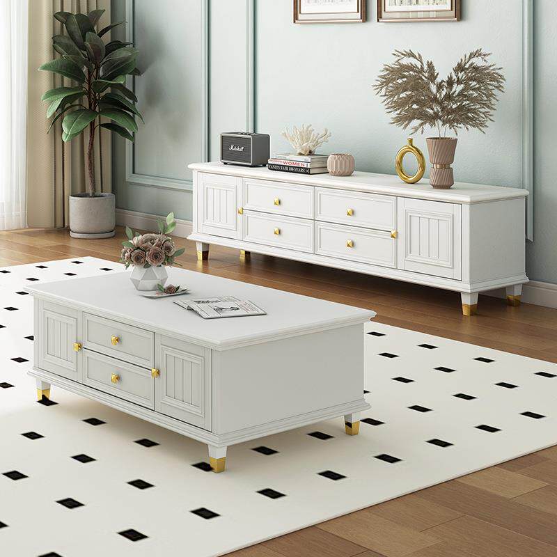 美式轻奢全实木大理石电视柜茶几组合白色小户型客厅落地电视机柜