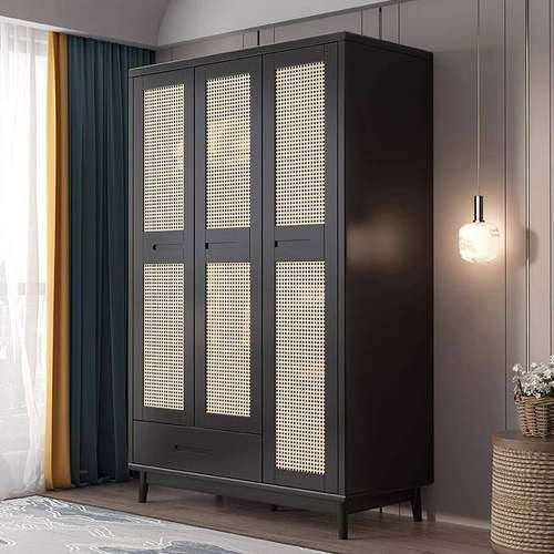 实木藤编衣柜中古三门带抽屉衣橱小户型卧室组装日式民宿黑色衣柜