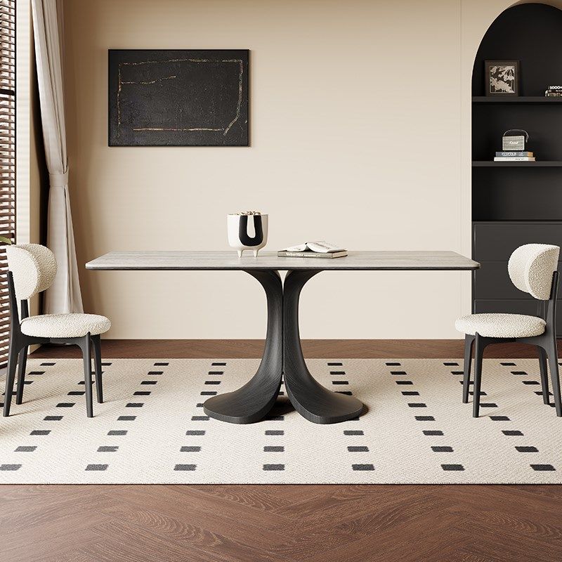 复古洞石岩板餐桌长方形2024新款家用中古风进口橡木黑色实木餐桌