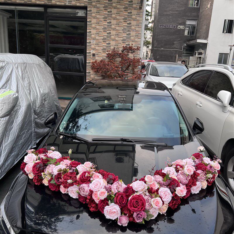 婚礼迎宾车婚车装饰仿真花艺带吸盘车头成品假花车队布置仿真花