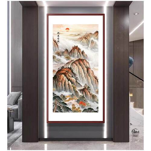 玄关饰画新中式泰山MBL日国画入户挂装画走过道风出水廊实木壁画
