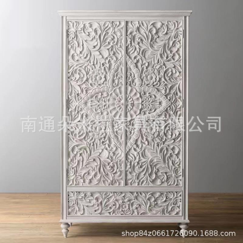 衣法式复古做旧东南亚风海棠花衣柜式白54676987泰色雕花实双门木
