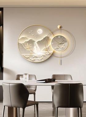 九鱼图餐厅带山钟表装画轻奢水饭厅饰时钟挂69649高档大画气发光