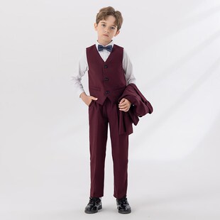 男童西装套装2024新款儿童中大童红色主持人礼服钢琴演出男孩西服