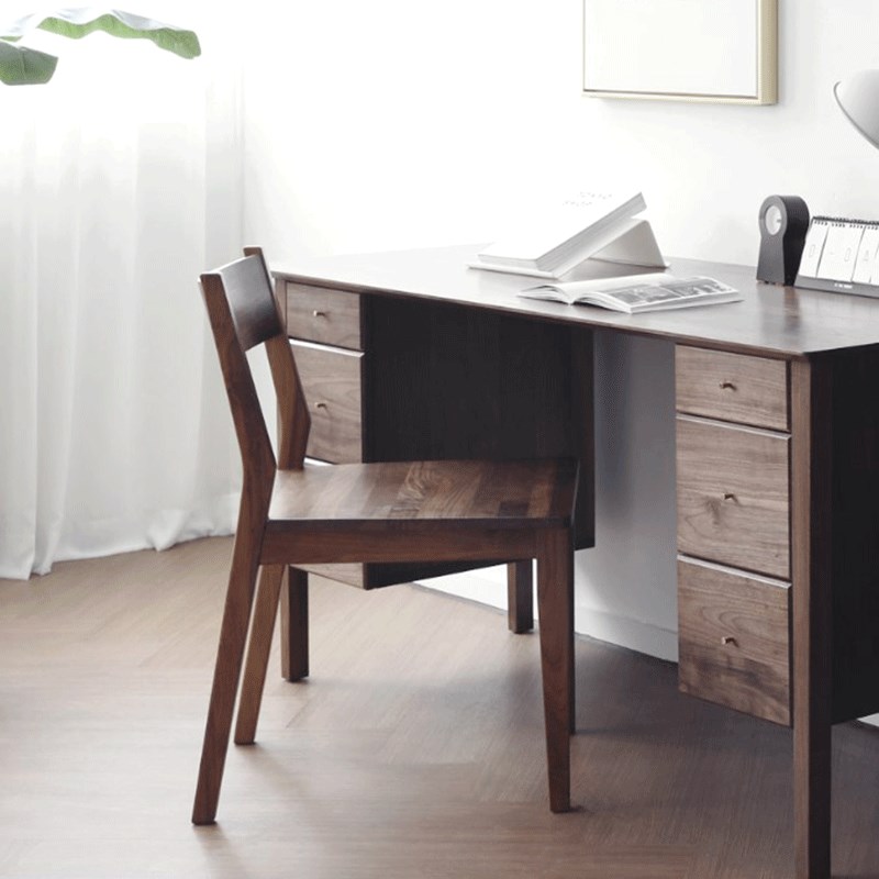 北欧黑胡桃木书桌简约家用写字台日式纯实木红橡木六抽屉电脑桌子