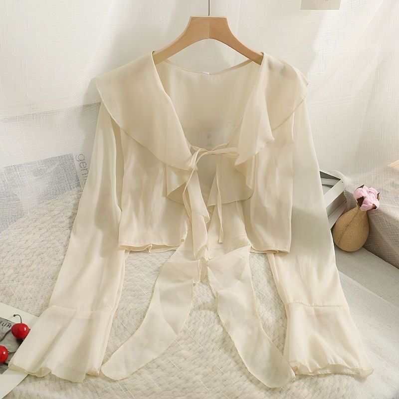 法式雪纺披肩系带防晒短外套女夏季新款荷叶边喇叭袖开衫百搭上衣,女装/女士精品,短外套,淘宝优惠券,粉丝福利购,淘宝优惠卷