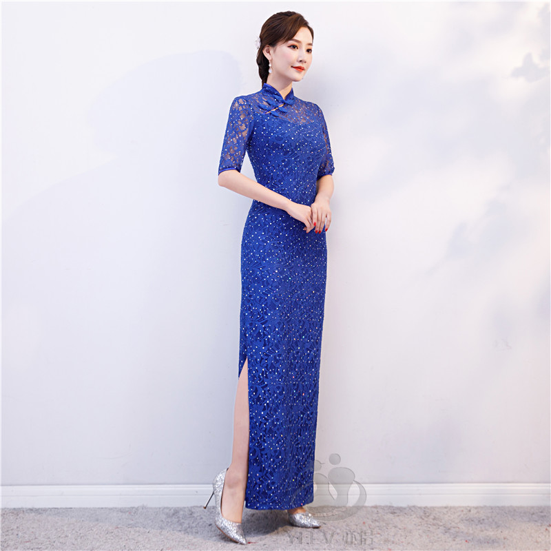 礼仪服装女迎宾小姐服秋冬中袖红色蕾丝演出大码修身走秀旗袍长款