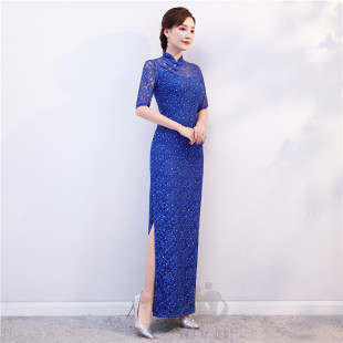 礼仪服装女迎宾小姐服秋冬中袖红色蕾丝演出大码修身走秀旗袍长款