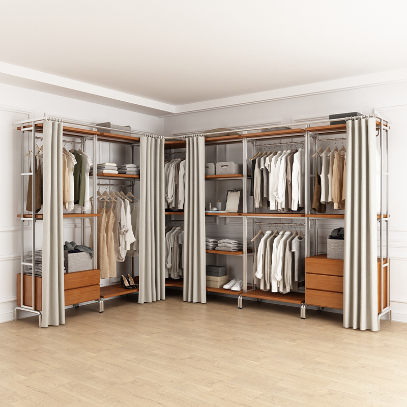 开放式衣柜北欧铁艺步入式衣架落地卧室衣橱loft金属衣帽间置物架