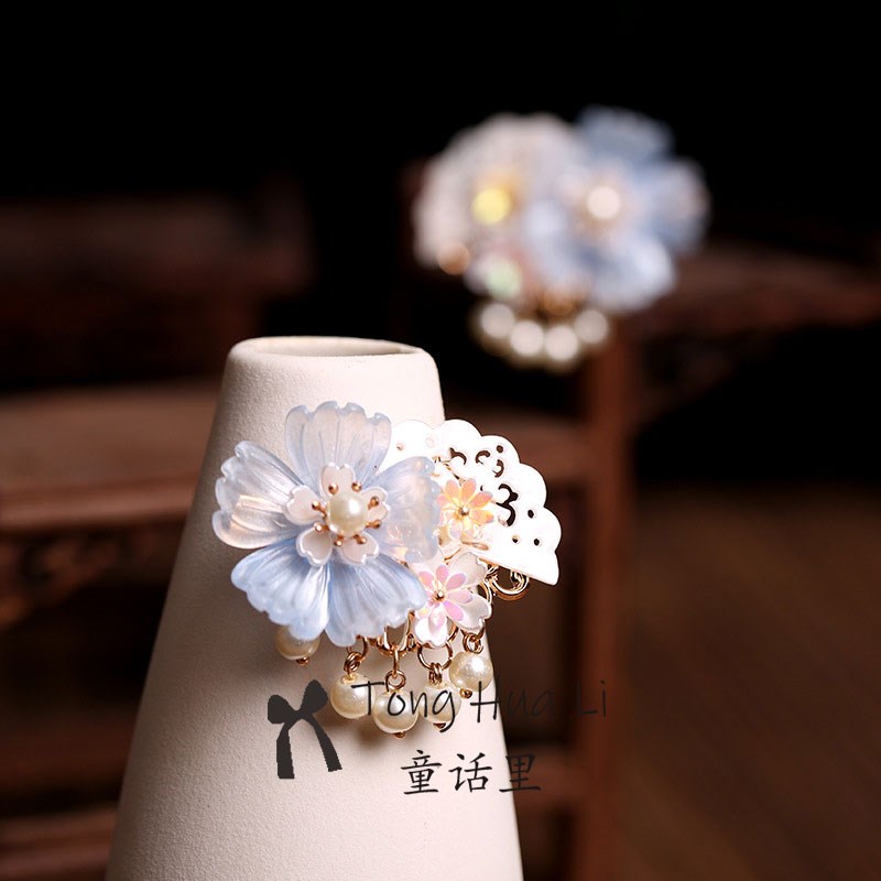 汉服头饰蓝色牡丹花发夹古风发饰儿童对夹日常古装仙气流苏步摇