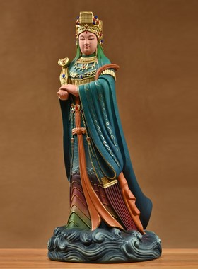 实木雕刻彩绘妈祖神像摆件新中式天上圣母家居客厅玄关装饰工艺品
