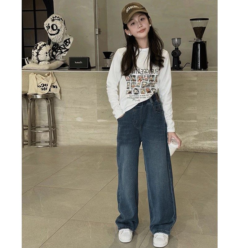 女童阔腿牛仔裤24秋冬新款女大童冬季洋气裤子儿童加绒加厚直筒裤