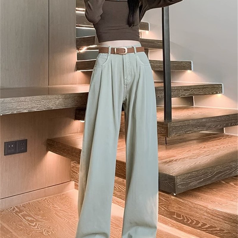 高腰阔腿牛仔裤女垂感宽松2023年百搭美式设计感拖地褶皱直筒裤子