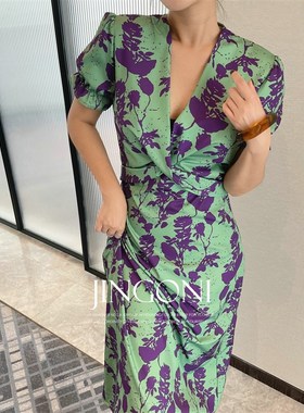 水墨画短袖连衣裙子衬衫裙女2024年夏季新款法式修身显瘦气质港风