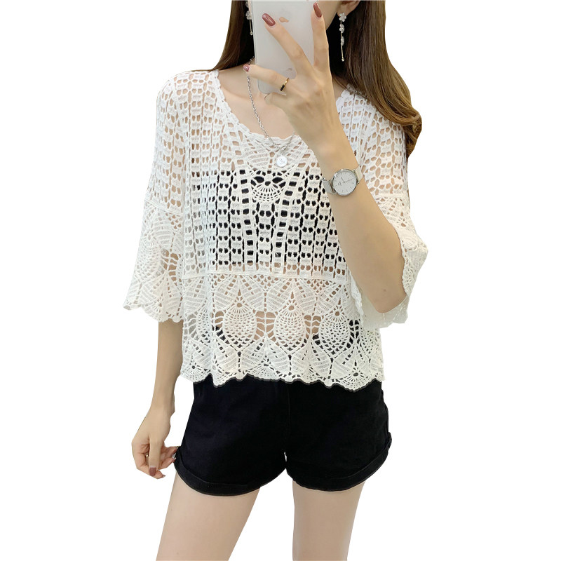 配吊带裙的罩衫外搭女春宽松七分喇叭袖短款蕾丝镂空网格钩花套头,女装/女士精品,蕾丝衫/雪纺衫,淘宝优惠券,粉丝福利购,淘宝优惠卷