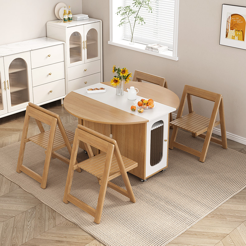 北欧小户型餐桌家用圆形吃饭桌简约多功能移动收纳折叠桌椅组合