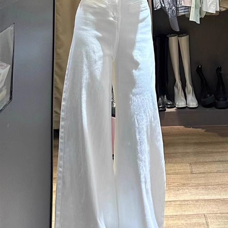 白色阔腿裤牛仔裤女春新款2024显瘦显高中式直筒宽松拖地喇叭长裤
