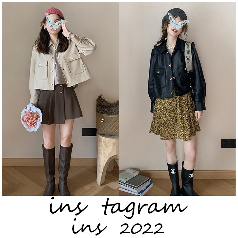 花栗鼠【金扣小皮衣】哑光纹理环葆皮夹克女早秋小个子短外套小姐