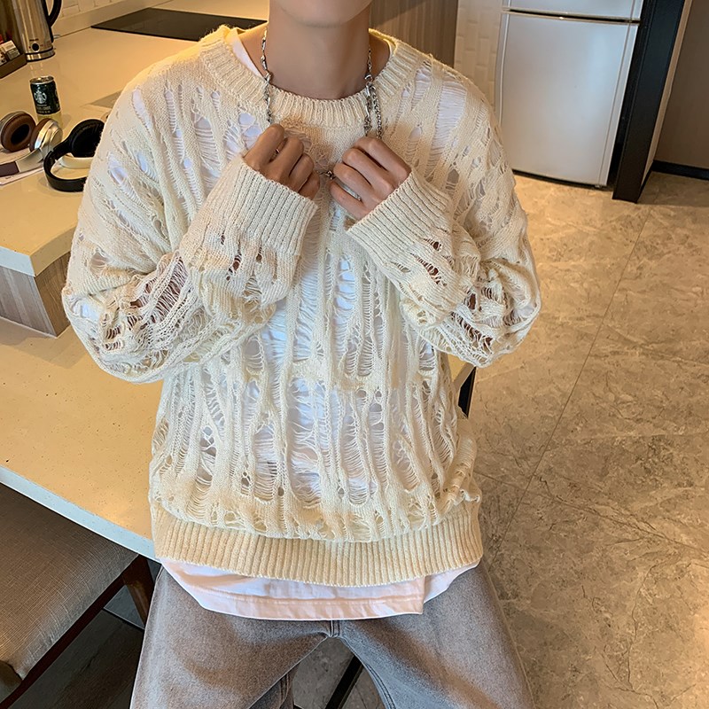 早秋季设计新款镂空宽松薄款针织衫男女复古破坏小众长袖T恤圆领