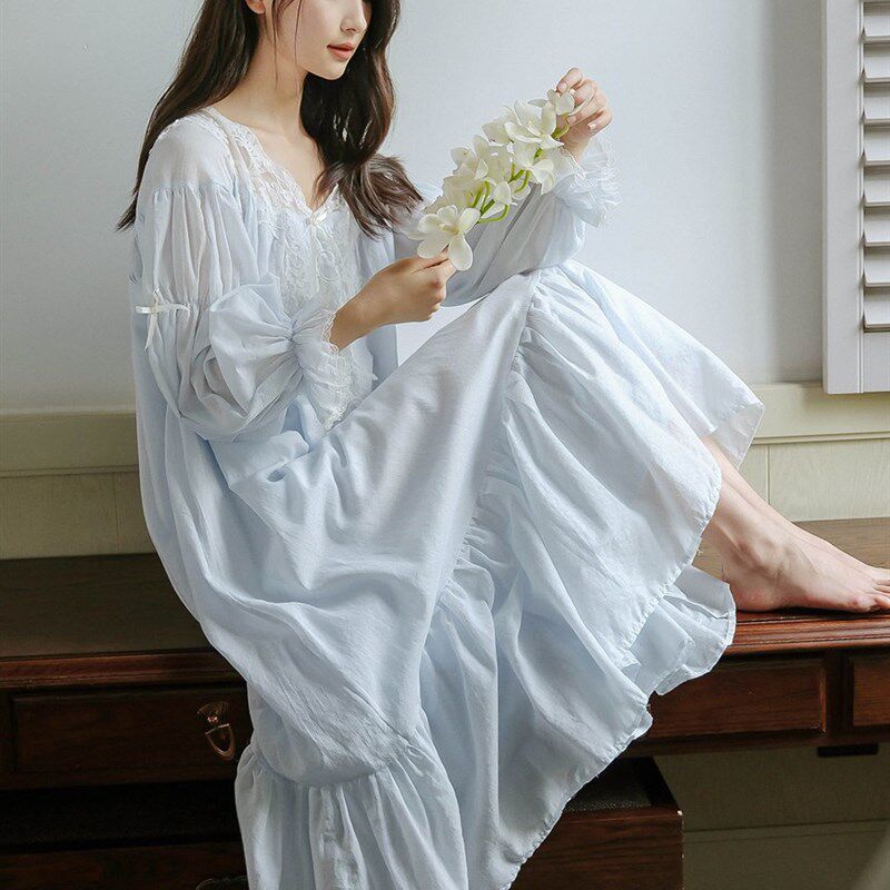 复古公主风长袖纯棉睡裙少女长版宽松宫廷可外穿甜美睡衣女家居服