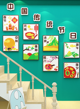 传统节日幼儿园墙面装饰成品班级文化主题墙贴画走廊过道楼梯环创