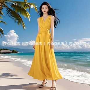 黄色薄纱无袖连衣裙女夏雪纺背心裙长裙飘逸气质海边度假沙滩裙