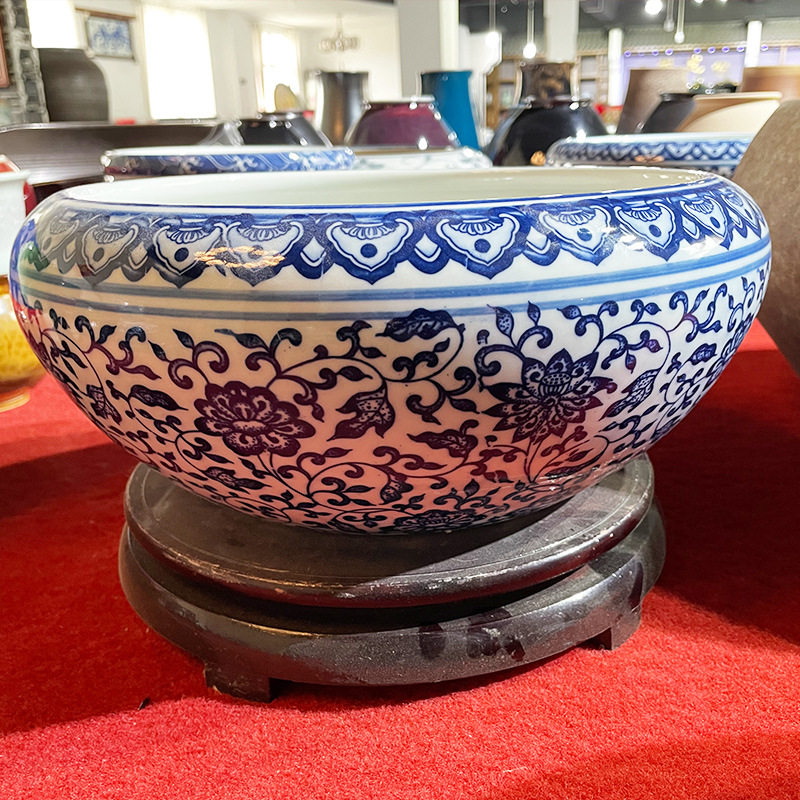 花盆古典青花鱼缸水培盆大口径圆形陶瓷水浅盆铜钱草一叶睡莲盆缸