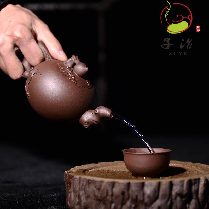 61K3寿桃壶贴花原矿紫砂宜兴紫砂壶名家纯全手工卡盖套装茶具