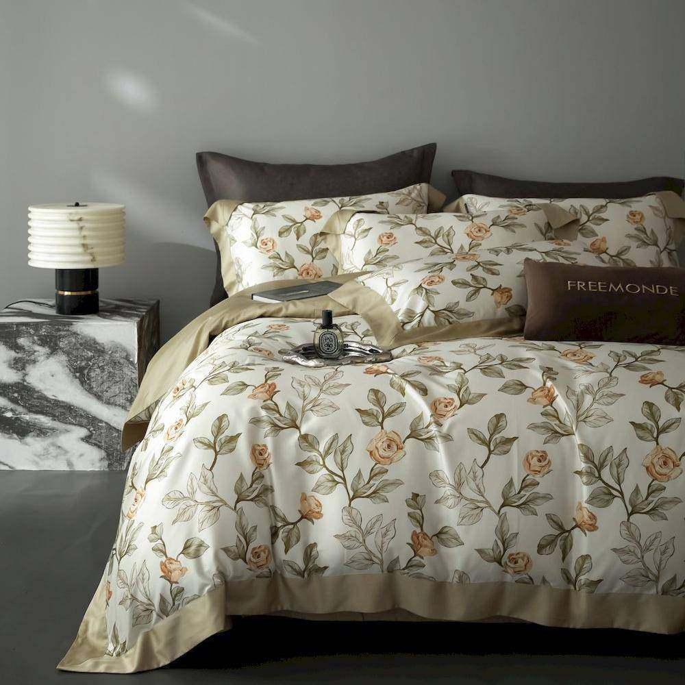 北欧风宽边天丝棉数码印花四件套四季家用长绒棉莱赛尔床单款南通