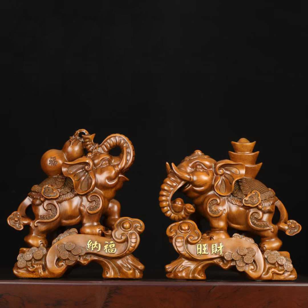 纳福旺财一对大象摆件仿木雕工艺品象客厅家居装饰品风水招财摆设
