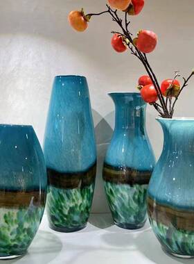 中式现代蓝色玻璃花瓶新中式餐桌客厅玄关花瓶装饰干花插花器摆件