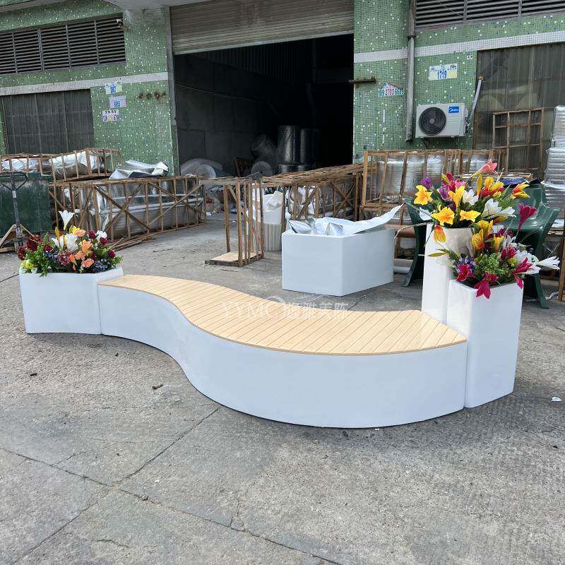 玻璃钢木纹长条休闲椅组合花盆商场长廊座椅户外广场坐凳长椅