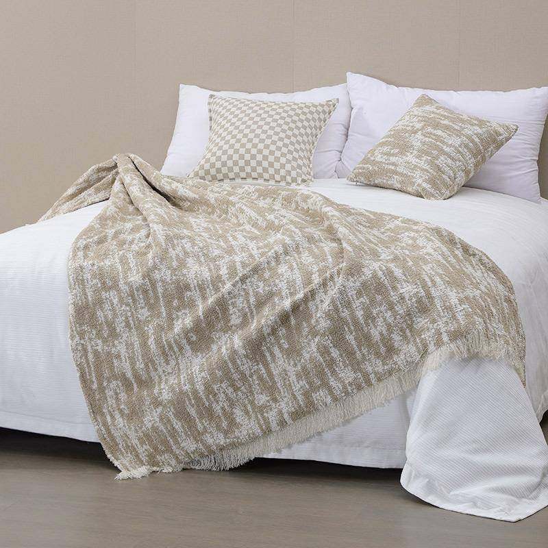 GZ6M简约杏斑纹流苏搭毯别墅民宿公样F778JJ8S板间寓店床色尾巾客