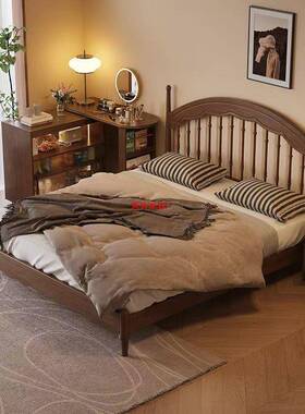 实木温莎床中古风主卧美式法复古双人床新UIK中琴式胡桃全木色竖