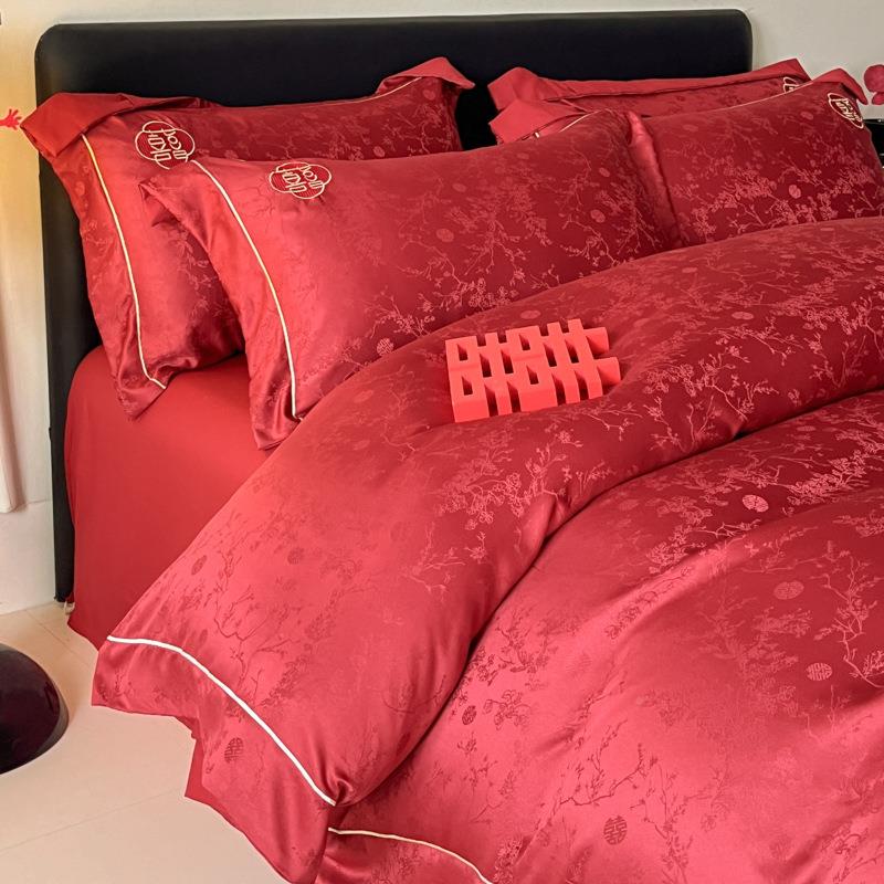 1548554档提花婚结婚床上四庆件套大红色棉全棉床单高纯被套婚房