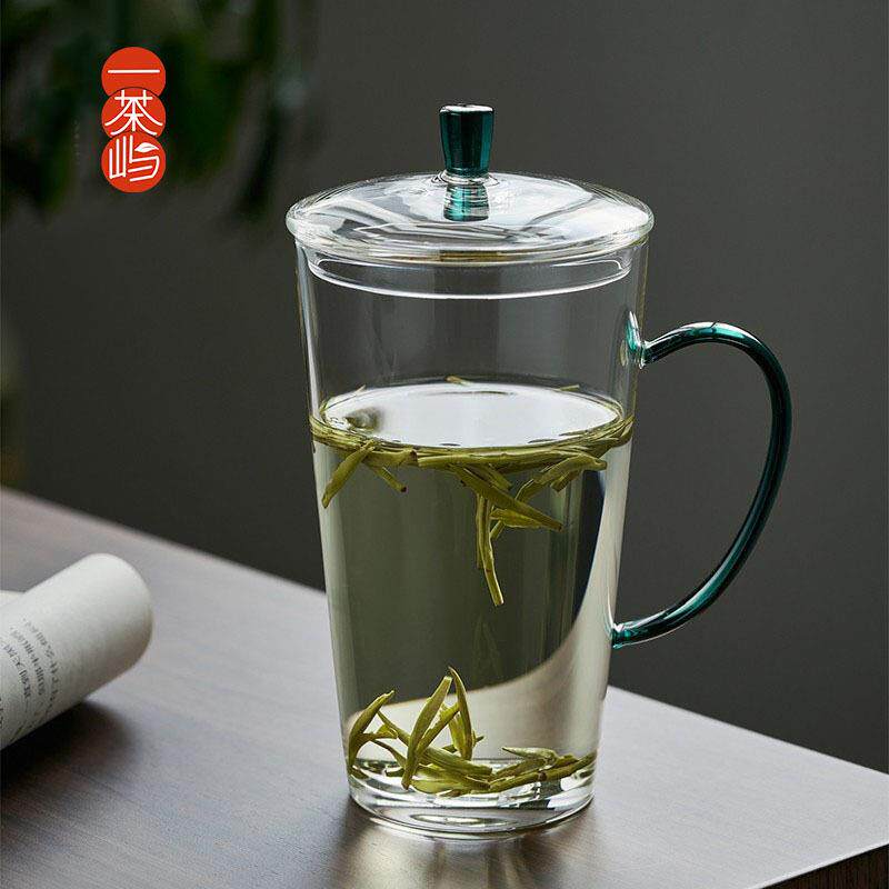 高颜值绿茶杯专用简约玻璃杯家用喝水带把盖杯子男女办公室泡茶杯