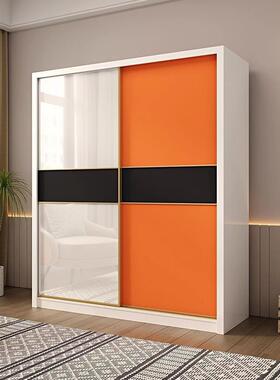 拼色烤漆推拉门衣柜家用卧室现代简约组装橙色亮面移门储物大衣橱