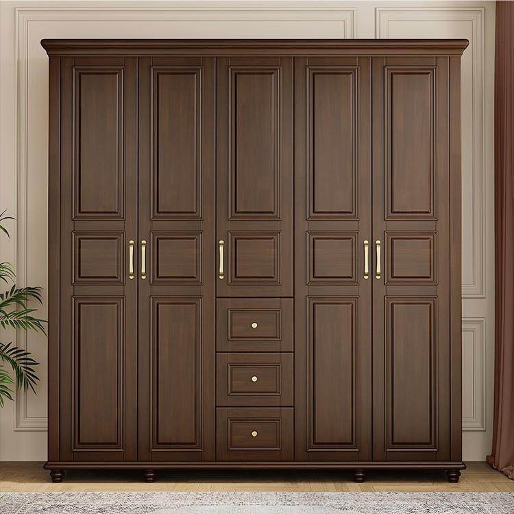 美式复古实木平开门衣柜家用卧室4门5门6门大衣橱成品柜子收纳柜