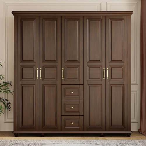 美式复古实木平开门衣柜家用卧室4门5门6门大衣橱成品柜子收纳柜