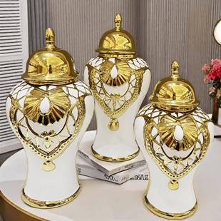 饰储物瓘 装 陶瓷轻著电镀将军獾欧式 花插花瓶工艺品摆件玄关软装