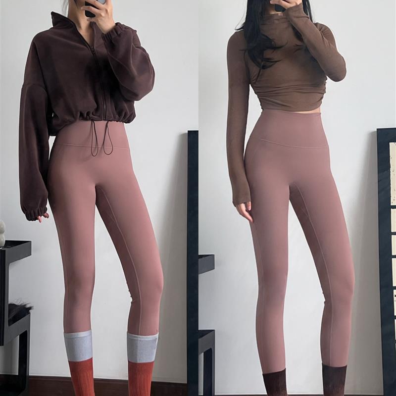 氧气女孩新款加绒加厚瑜伽裤秋冬免穿内裤高腰紧身提臀跑步运动裤