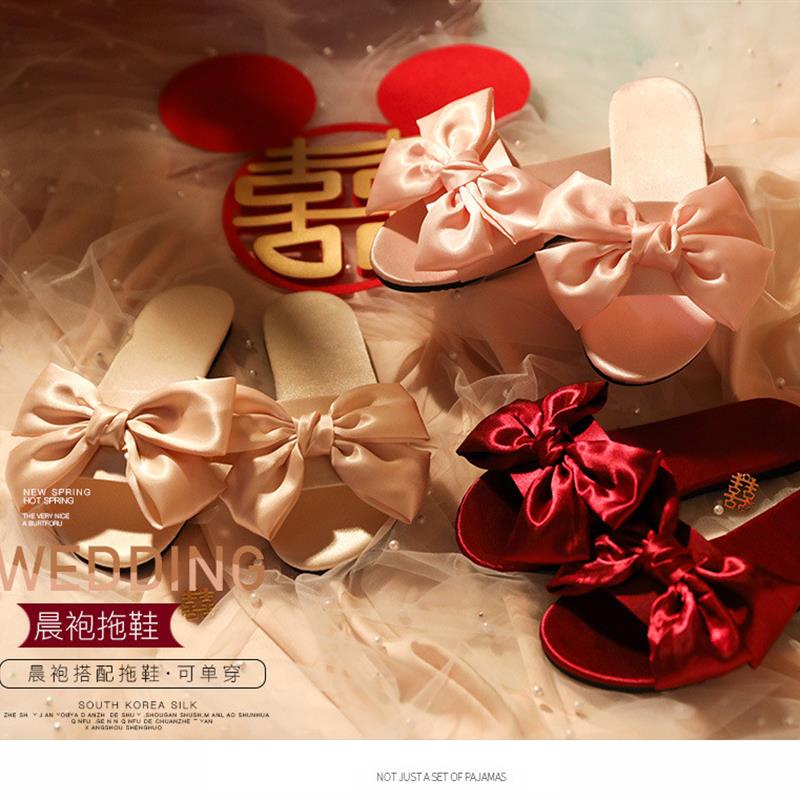 新款结婚伴娘拖鞋女 蝴蝶结新婚绸缎红拖鞋婚礼新娘晨袍搭配鞋女