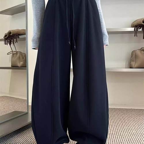 3R3加绒裤子女秋冬新款羊绒阔腿长裤运动直筒休闲裤弯刀卫裤66356