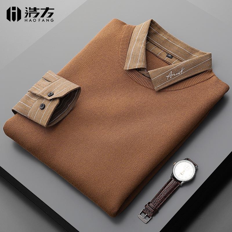 春季新款毛衣男假两件针织打底衫商务衬衫领线衣男士外套春秋马甲