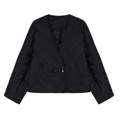 V领菱格绗缝棉服女秋冬宽松轻薄短款棉衣外套